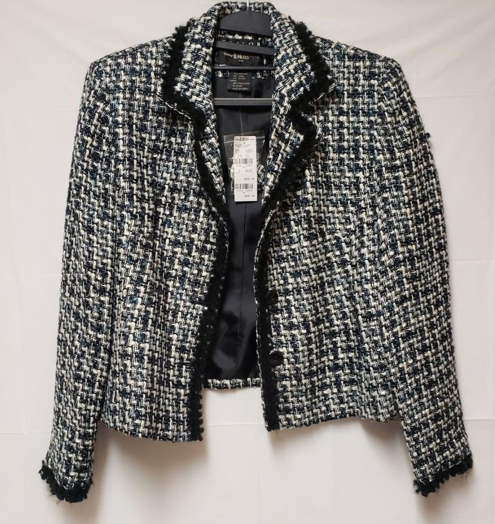 Women's Tailor B Moss Tweed Jacket With Black Trim Sz 8 NWT Fully Lined
